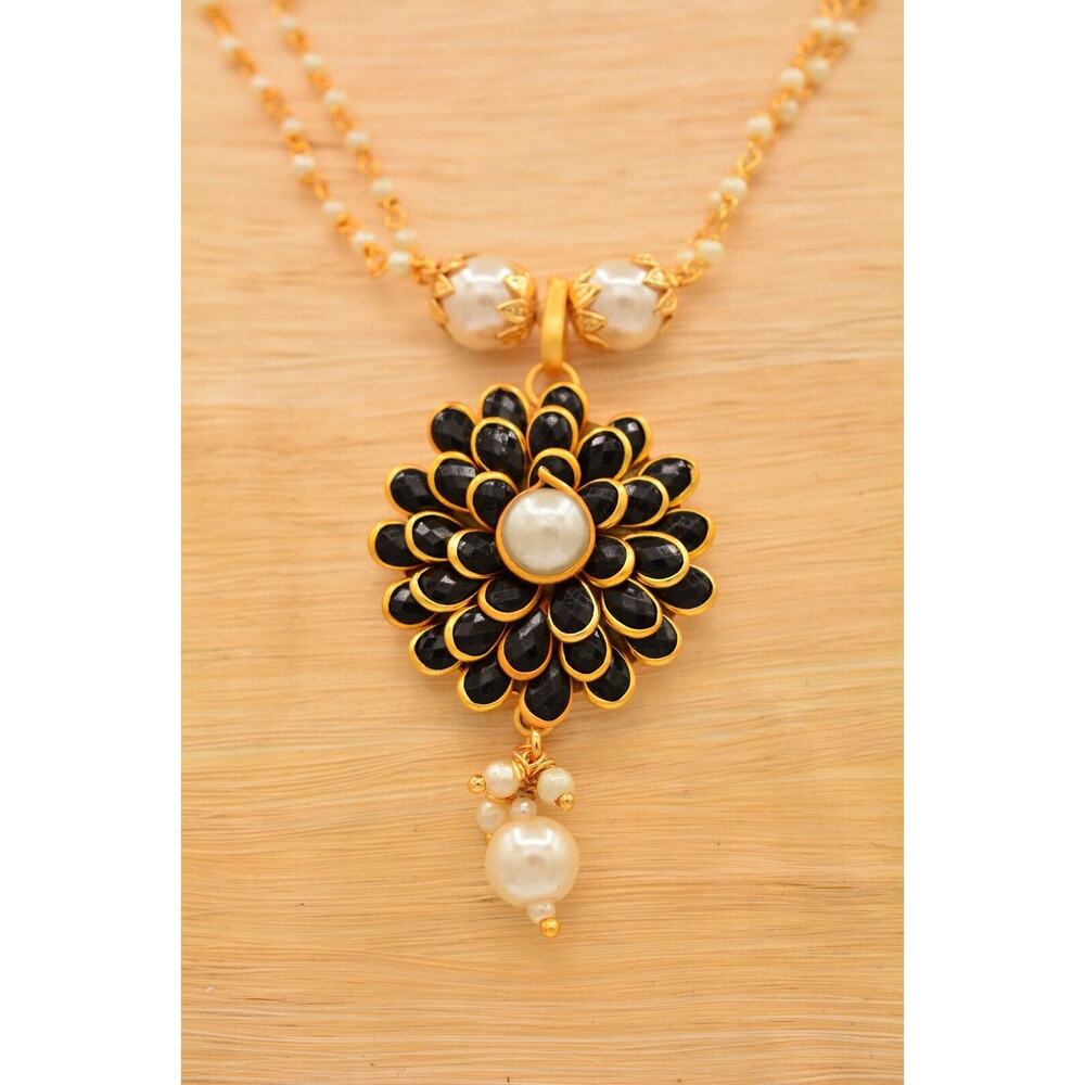 Vintage Jhumka Necklace Flower Collar Black White Beaded Brushed Gold BinP